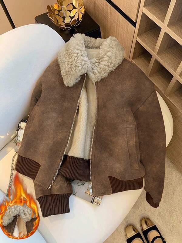 Franclia Fashion Temperament Casual Lapel Fur One-Piece Thick Brown Jacket Women's Winter Wear Women's Autumn And Winter Jacket Winter Clothing