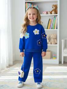 Genkimix Kids 2件套女童藏蓝色花卉刺绣长袖圆领卫衣上衣和裤子套装，儿童时尚卡通可爱秋冬装 - 寶藍色 - 查看 3