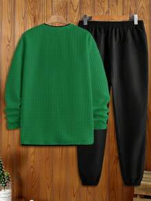 Manfinity VCAY Manfinity Modomio 2 件男士针织修身圆领长袖 T 恤和松紧腰直筒休闲裤套装，适合秋冬季男士运动服 - 彩色 - 查看 2