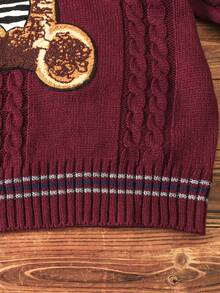 SHEIN Áo len dệt kim cổ tròn rộng rãi cho bé gái tuổi teen, họa tiết gấu dễ thương và họa tiết dệt kim cáp - Màu Đỏ Sâu - Xem 4