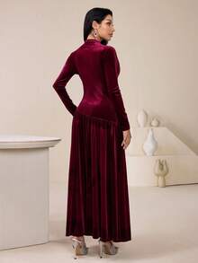 Veilorie Women's Solid Color Pleated Collar Long Sleeve Dress