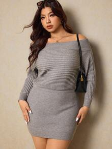 Elaquor Plus Size Solid Color Off-Shoulder Elegant Long Sleeve Sweater Dress/Winter - Dark Grey - View 4