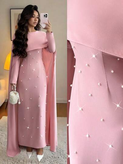 Elenzga Women's Autumn/Winter Knitted Round Neck Long Sleeve Umbrella Puff Pearl Decor Waist Fitted Maxi Party Dress, Elegant & Versatile