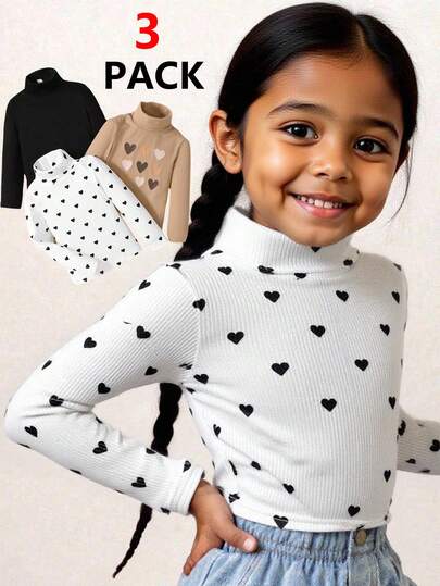 SHEIN 3pcs/Pack Young Girl's All-Match Solid Color Knit Stretchy Long Sleeve Tops, Casual Everyday & School Wear, Versatile, Mother-Daughter Matching, Suitable For Autumn/Winter