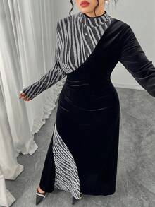 Modelyn 大码女式立领长袖天鹅绒拼接优雅派对连衣裙，秋冬 - 黑色 - 查看 3