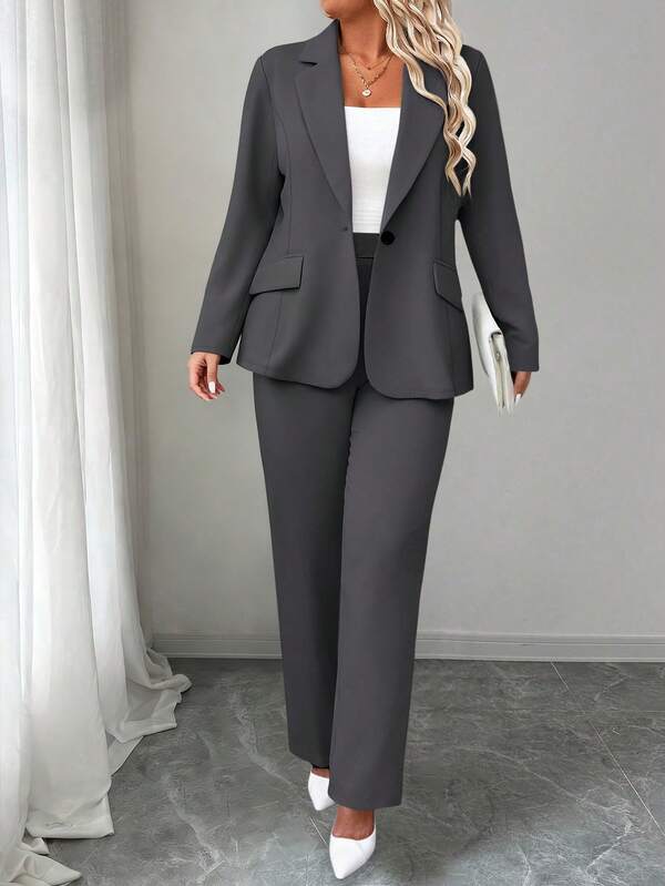 Elenzga Plus Size Solid Color Formal Suit Jacket & Pants Set