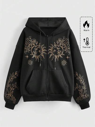 Hippie Felpa Con Cappuccio Stampata Con Girasoli E Piante Per Donne Con Coulisse