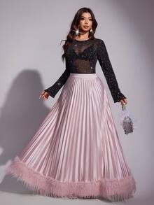 Viva Relle Plus Size Pink Pleated Skirt, Elegant Niche Draping Fashion Skirt - Pink - View 5