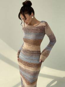 Aloruh Rochie lungă tricotată cu dungi, stil vintage, versatilă, toamnă/iarnă, pentru femei, sexy, cu spate deschis, mânecă lungă, ajustată