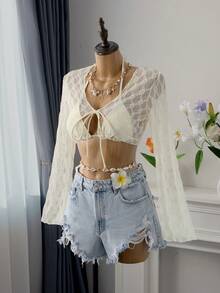 Bellisia 春夏新款欧美风长袖蕾丝罩衫，轻薄网纱透视吊带比基尼罩衫，甜美性感风，防晒，透视披肩，透视罩衫，泳装裙，泳衣，沙滩派对比基尼 - 米色 - 查看 1