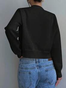 SHEIN 少女针织开衫，休闲纯色圆领长袖宽松短款毛衣，保暖舒适，时尚百搭，适合日常通勤 - 黑色 - 查看 2