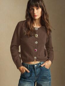 Maija Damski jednorzędowy kardigan z okrągłym dekoltem i metalowymi guzikami, dzianinowy, do pracy w mieście, elegancki, biznesowy, casualowy, podstawowy top na wyjścia, na Boże Narodzenie i Nowy Rok, jesień/zima, jesień dla kobiet