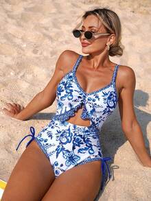 Swim Lushoire Women's Summer Blue And White Porcelain Print Hollow Out Thick Strap One-Piece Conservative Swimsuit Beach Outfit - Blue and White - View 4
