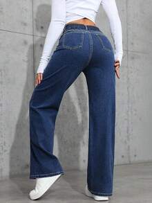 Rivivi Plus Size Women High Waist Wide Leg Slimming Floor Length Straight Leg Versatile Retro Jeans - Dark Wash - View 2
