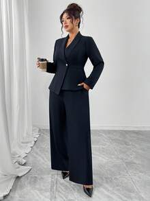 Elenzga Plus Size Soft & Stiff Fabric Turndown Collar Cinched Waist Structured Long Sleeve A-Line Jacket + Loose Straight Leg Pants 2 Piece Set, Elegant For Outings, Commute, Gatherings, Casual - Navy Blue - View 4