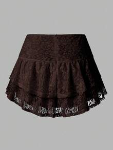 Qadelle 女士夏季假日蕾丝刺绣多层半身裙 Y2K 风格，适合假日派对 - 咖啡棕 - 查看 2