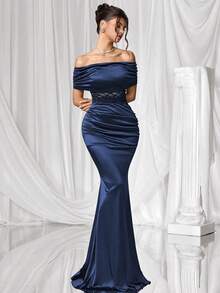 Coutiva Women's Red Off Shoulder Formal Evening Gown - Navy Blue - View 5