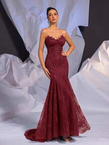 Glamrae Elegant Luxurious Sexy Strapless Contrast Color Lace Sheer French Vintage Lace Sheer Bra Cup Fishbone Lace Mesh Fishtail Train Wedding Dress, For Valentine's Day - Red - View 7