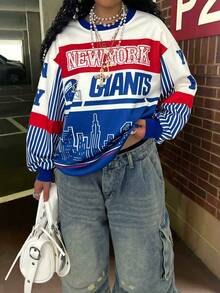 Rovax 女士休闲撞色条纹建筑印花圆领长袖卫衣，秋冬款 - 彩色 - 查看 4