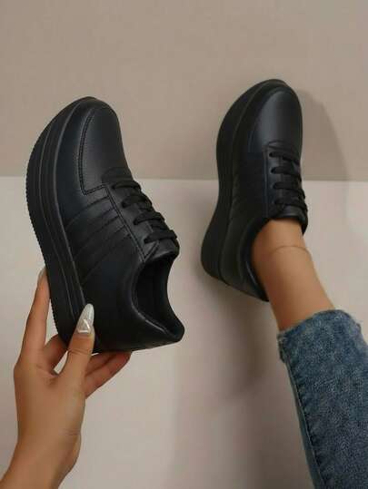 Zapatillas para mujer con plataforma alta, diseño clásico, punta redonda, cordones blancos, estilo urbano, ideales para diario y deportes, calzado casual