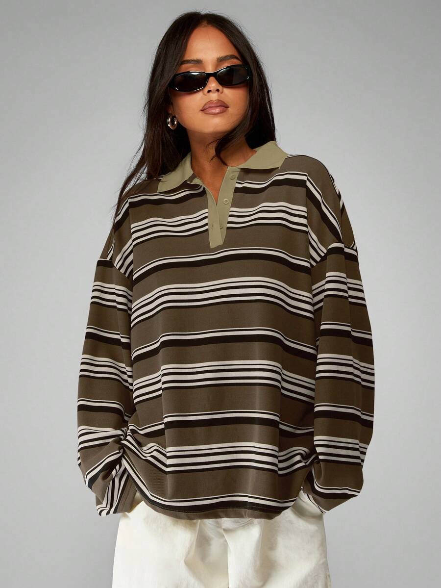 MISSGUIDED 长袖条纹橄榄球polo衫，带领子和纽扣门襟，适合秋冬休闲穿着 - 棕色 - 查看 1