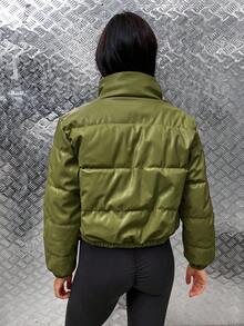 EMERY ROSE Women's Solid Color Long Sleeve Zipper Front Short Padded Coat For Winter Clothes - Green - View 2