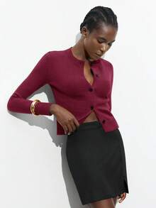 Maija Áo khoác cardigan nữ cổ tròn tay dài cài nút phía trước màu xanh lá cây thanh lịch, đơn giản, thời trang đa năng, thích hợp cho Giáng sinh, trang phục thường ngày, trang phục công sở, mùa thu đông, Giáng sinh năm mới - Màu Đỏ Sâu - Xem 3