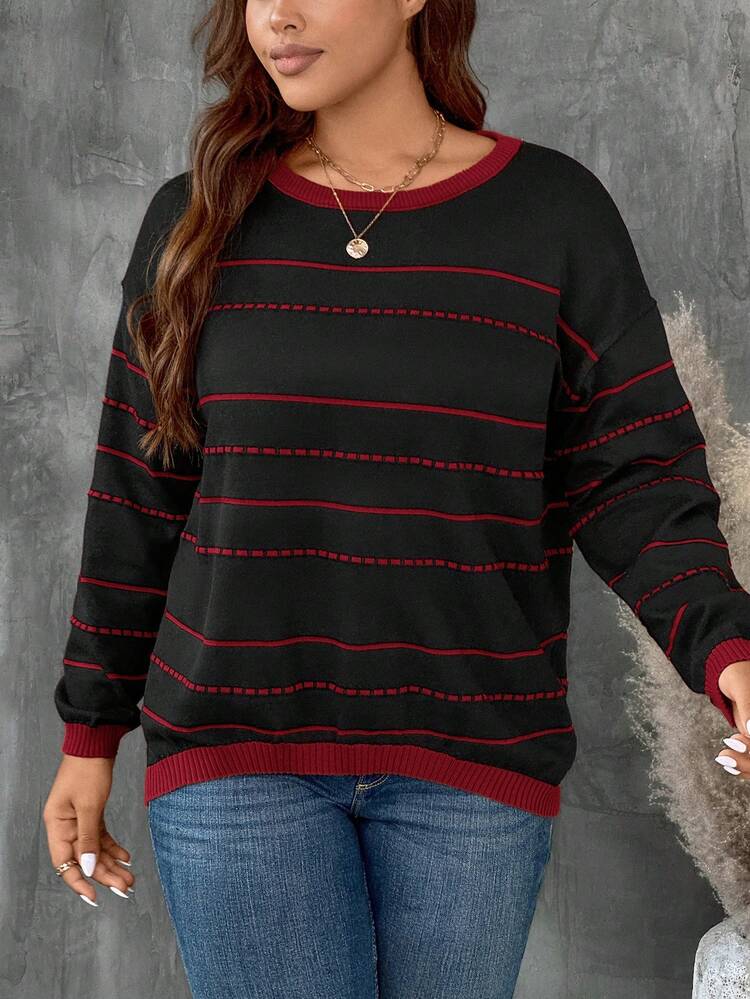 Plus Size Black & Brown Polka Dot Striped Contrast Collar Pullover Sweater, Casual Loose Knit Top For Autumn/Winter