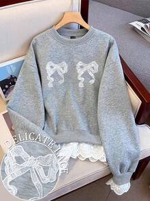 SHEIN Women's Bow Embroidery Contrast Color Patchwork Sweatshirt - Light Grey - View 1