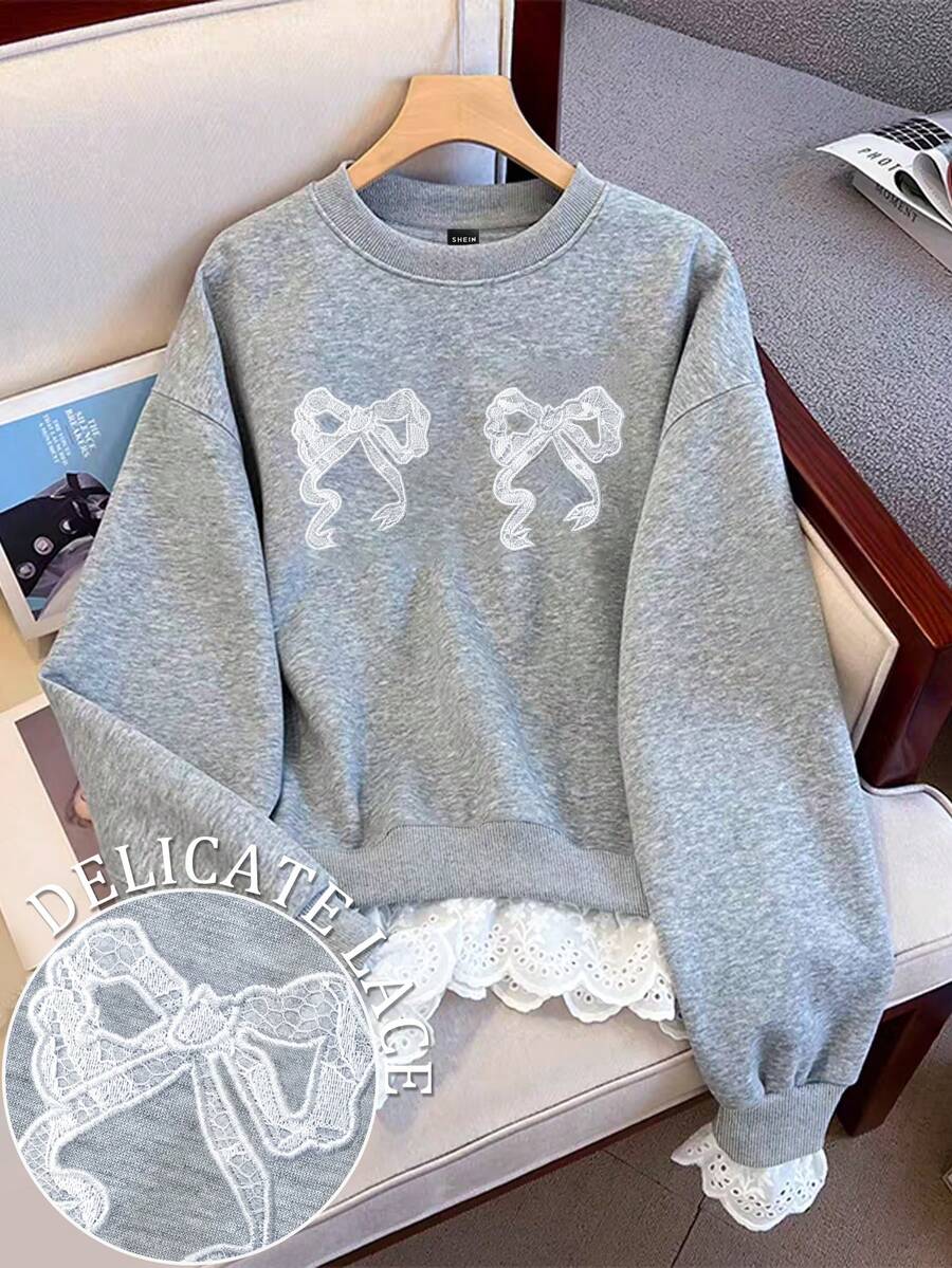 SHEIN Women's Bow Embroidery Contrast Color Patchwork Sweatshirt - Light Grey - View 1