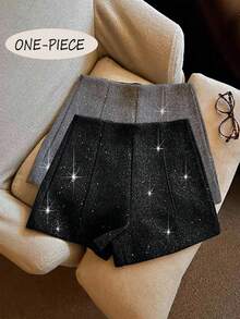 Franclia Fashionable Elegant Shiny Wool Blend Shorts For Women - Black - View 1