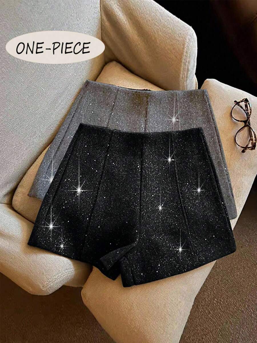 Franclia Fashionable Elegant Shiny Wool Blend Shorts For Women - Black - View 1