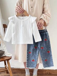 SHEIN Baby Girl 6Months-3year 2pcs/Set Fall Outfits For Girl Casual Daily Style Loose Suit, Long Sleeves Basic Button Top& Long Cherry-Printing Denim - White - View 3