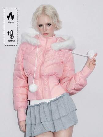 Kawaii Manteau matelassé à capuche avec bordure en fausse fourrure et patchwork, pour femmes, pour l'hiver