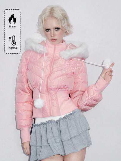 Kawaii Manteau matelassé à capuche avec bordure en fausse fourrure et patchwork, pour femmes, pour l'hiver