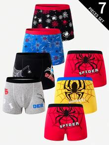 7pcs/Pack Boys' Comfortable Spider Print Cotton Briefs - Multicolor - View 3