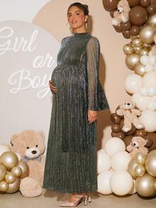 Loomaby 孕妇立领喇叭袖优雅连衣裙 - 橄欖綠 - 查看 6