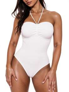 Swim Basics Summer Beach Ladies' Strapless One-Piece Swimsuit With Drawstring Wedding - White - View 5