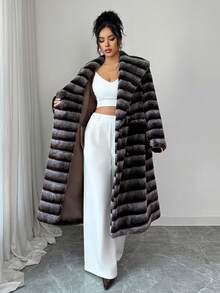 Rafferiza Fashionable Oversized Striped Collar Long Faux Fur Coat, Autumn/Winter Coat Fur Coat Women Winter - Brown - View 6