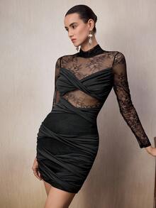 Poshira Robe moulante mini élégante et sexy en dentelle et patchwork pour femmes