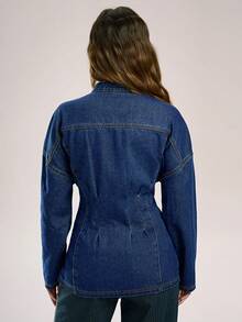Avantive Drop Shoulder Long Sleeve Pleated Waist Fastening Front Button Casual Denim Shirt - Blue - View 2