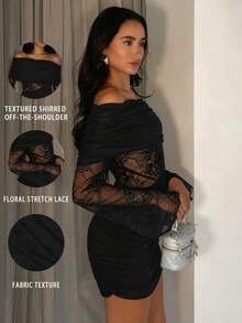 Glamine Women's Sexy Off-Shoulder Little Black Dress, Lace Hollow-Out Long Sleeve Design, Ruched Bodycon Party Dress - Black - View 4