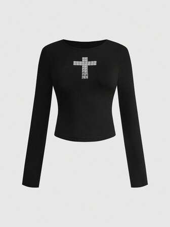 Grunge Punk T-shirt décontracté polyvalent à col rond, manches raglan et motif croisé ajusté pour femmes