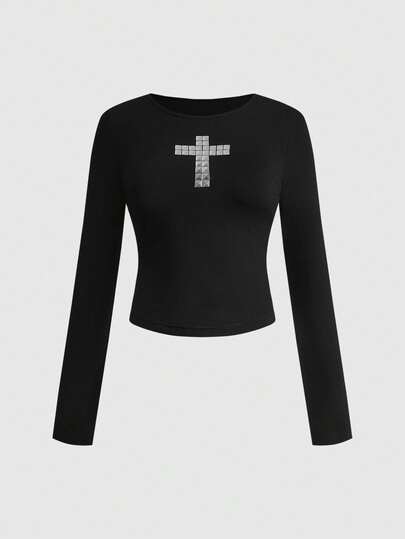 Grunge Punk Camiseta casual versátil de mujer con cuello redondo, mangas raglán y patrón cruzado ajustado