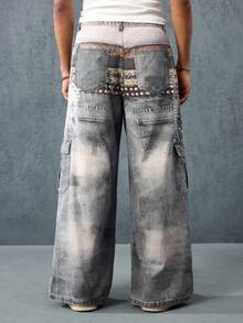 ROMWE MEN Street Life Quần Jeans Denim Nam In Hiệu Ứng Hình Ảnh Nhiều Đai Lưng - Màu xanh lam - Xem 3
