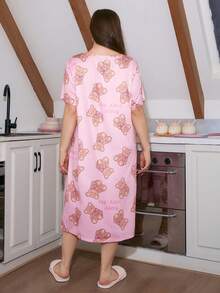 SweetSlumber Áo ngủ cổ tròn tay ngắn in hình gấu dễ thương & ngọt ngào, dáng rộng thoải mái, cỡ lớn, màu hồng - Hồng - Xem 2