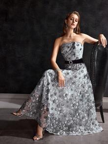 MOTF Soiréza 女士撞色亮片花卉刺绣网纱A字型抹胸鸡尾酒连衣裙（不含腰带） - 灰色 - 查看 6