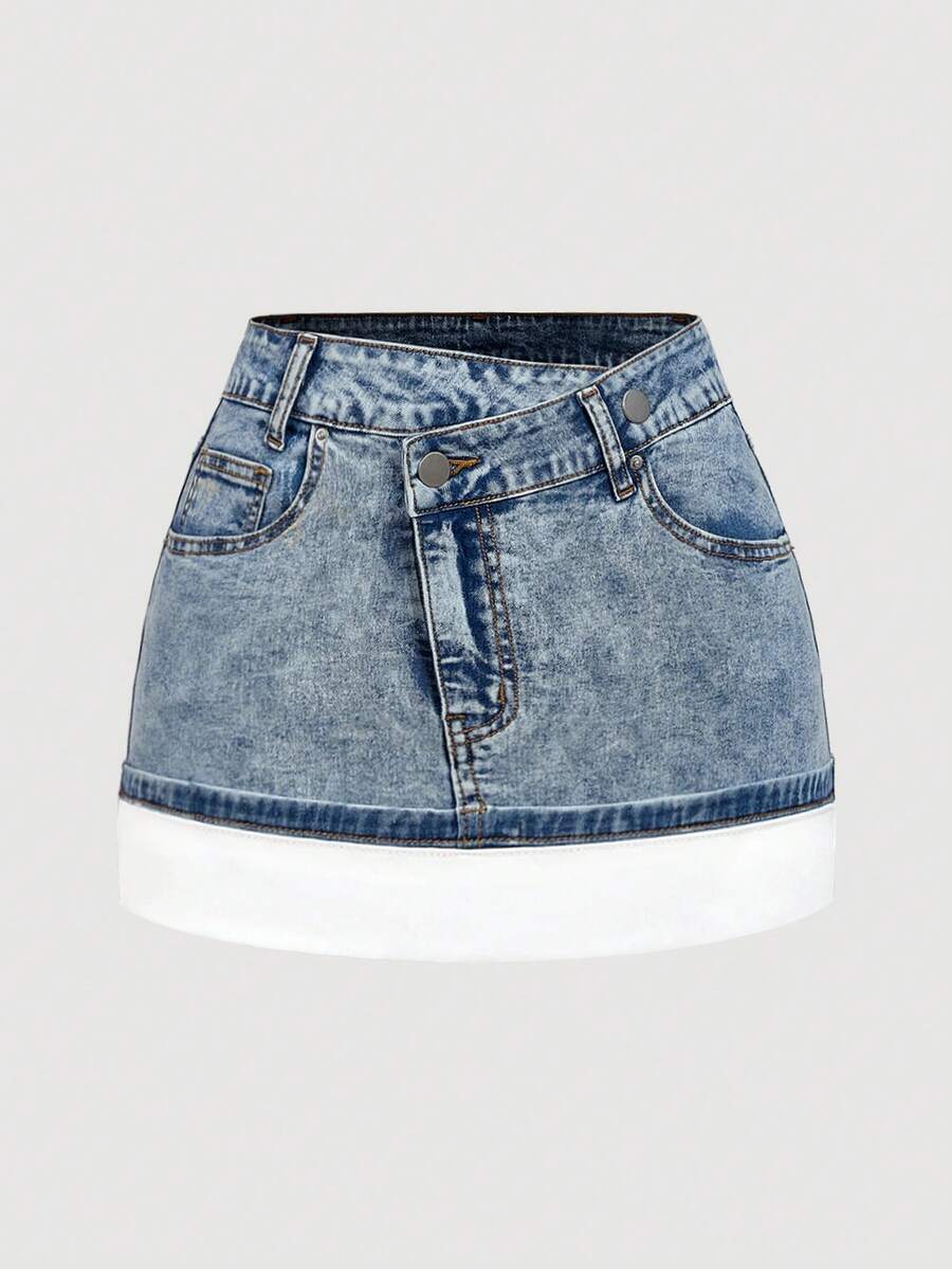 SHEIN MOD 女士不对称腰部口袋休闲牛仔裙 - 藍色 - 查看 1