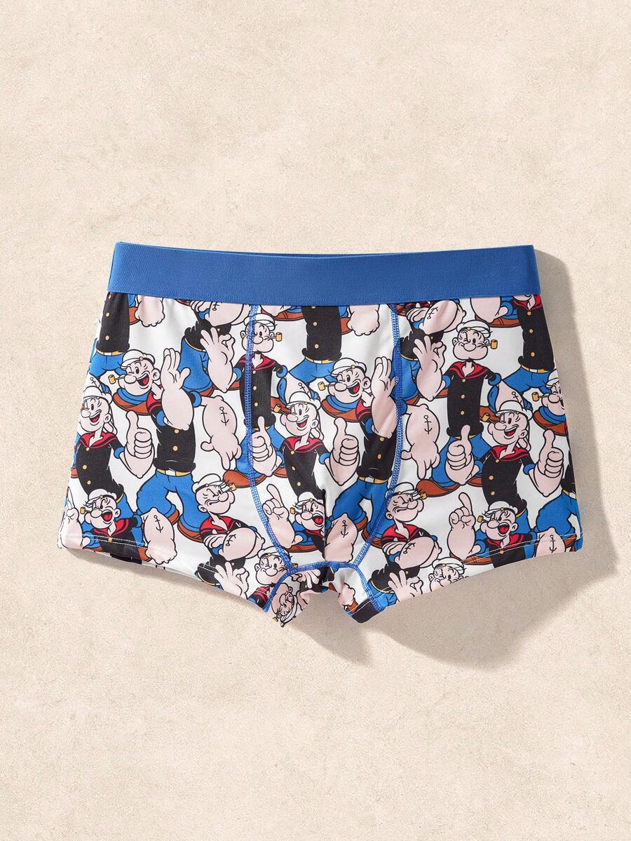 Popeye X SHEIN Quần lót boxer nam thoải mái, in họa tiết tương phản toàn bộ - Màu xanh lam - Xem 1