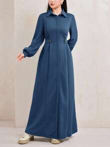 Veilorie Đầm dài nữ kiểu dáng thường ngày, màu trơn, thắt eo, chất liệu nỉ, thích hợp cho mùa thu/đông. - Màu xanh lam - Xem 3